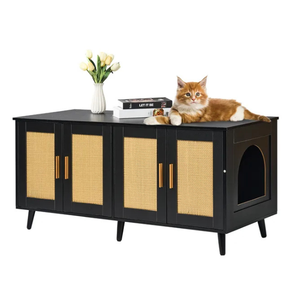 Meuble cache bac à litière pour 2 chats armoire en bois déco rotin noir