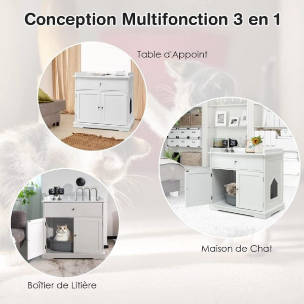 Enceinte de Bac à Litière pour Chat - Meubles Toilette Cachés pour Chat avec Tiroir et 2 Portes