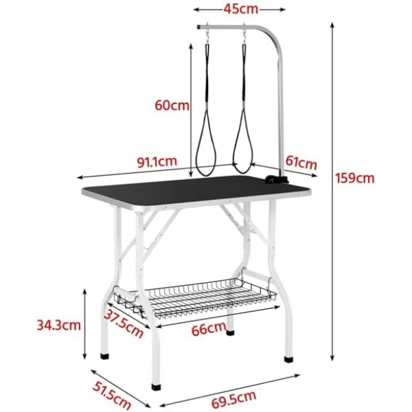 Table de toilettage pour chien pliante - potence réglable - 2 sangles - panier de rangement - surface travail large antidérapente - 100kg