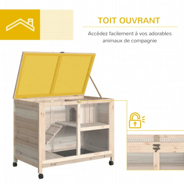 Clapier à lapin sur roulettes 2 niveaux avec niche - plateau excrément