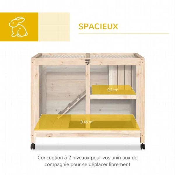 Clapier à lapin sur roulettes 2 niveaux avec niche - plateau excrément