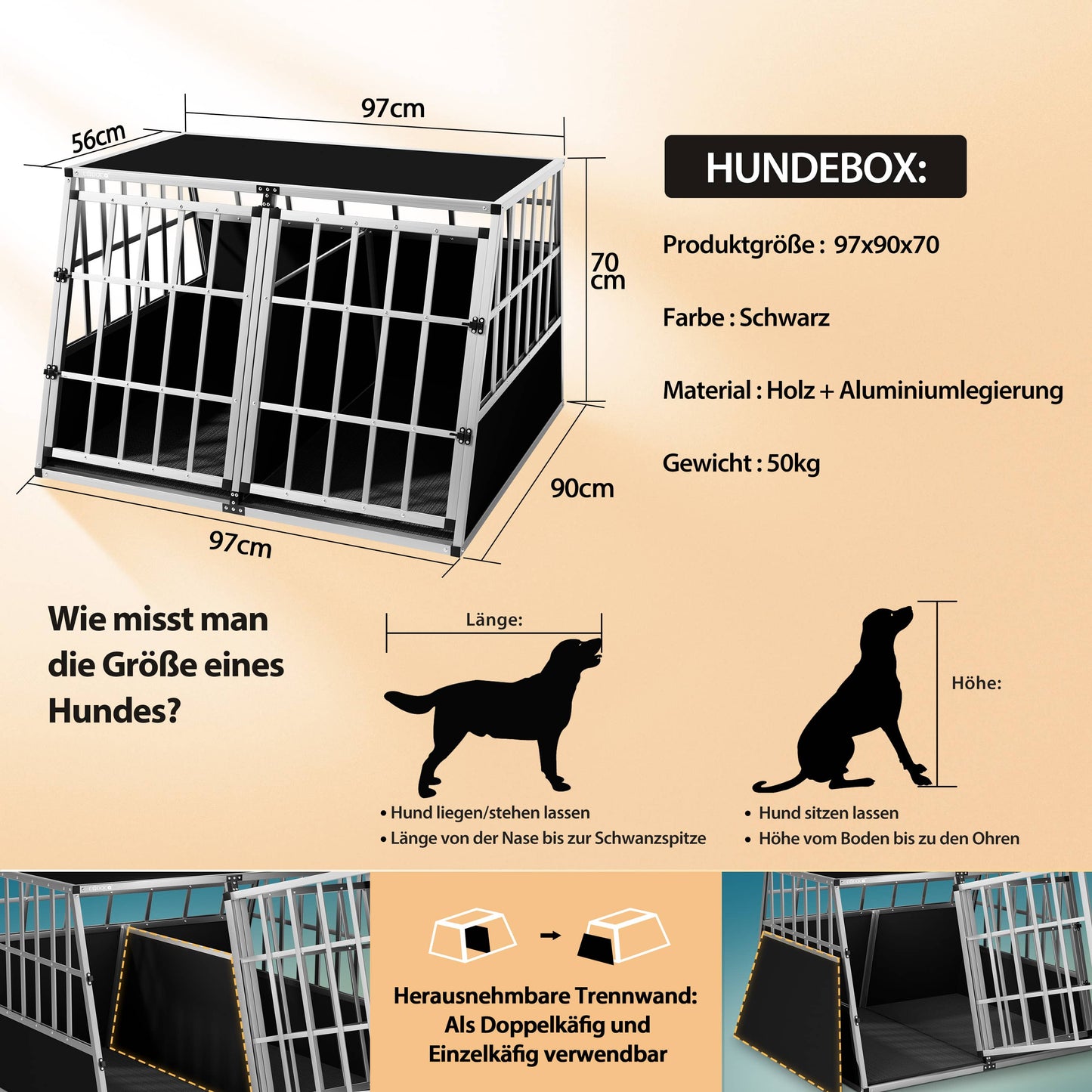 Cage de transport pour chiens en aluminium XXL 97x90x70 cm