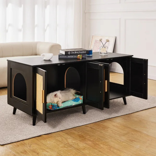 Meuble cache bac à litière pour 2 chats armoire en bois déco rotin noir