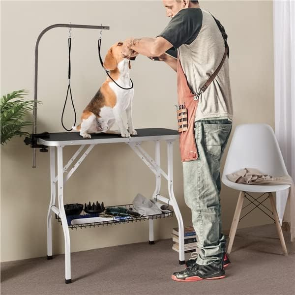 Table de toilettage pour chien pliante - potence réglable - 2 sangles - panier de rangement - surface travail large antidérapente - 100kg