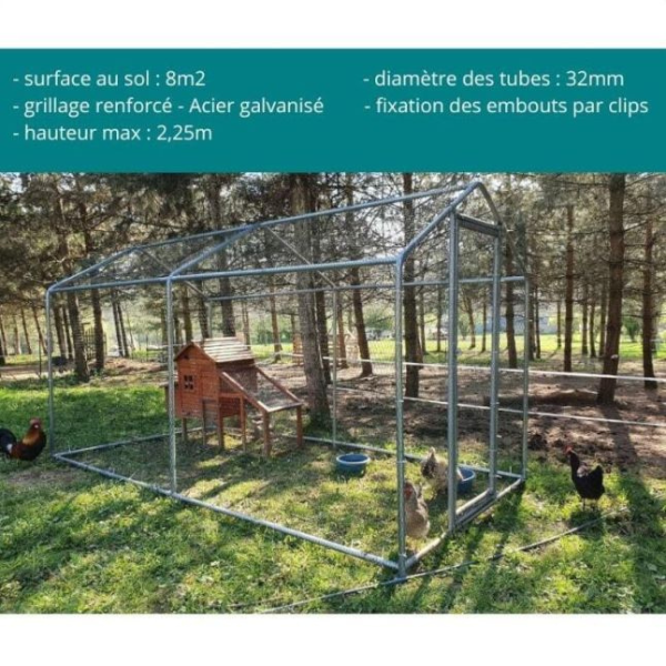 Enclos Poulailler 8m² Tubes 32mm H2,25m - Parc Grillagé Renforcé 4x2m - Acier Galvanisé