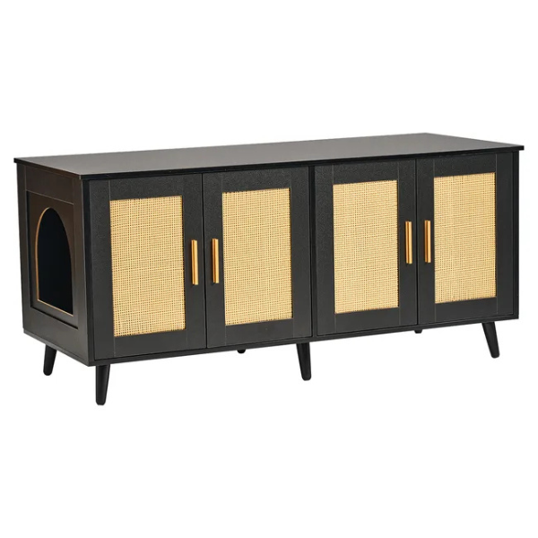 Meuble cache bac à litière pour 2 chats armoire en bois déco rotin noir