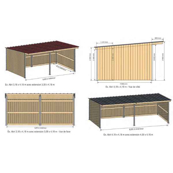 Abri de prairie chevaux en bois simple pente larg. 3 m x prof. 4 m